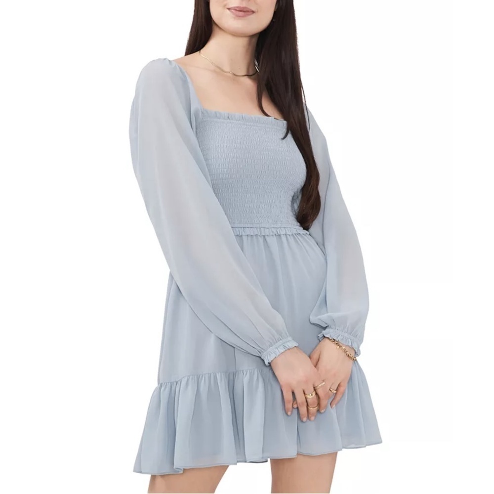 NWT 1. State Smocked Ruffle Hem Long Sleeve Mini Dress in Dusty Blue